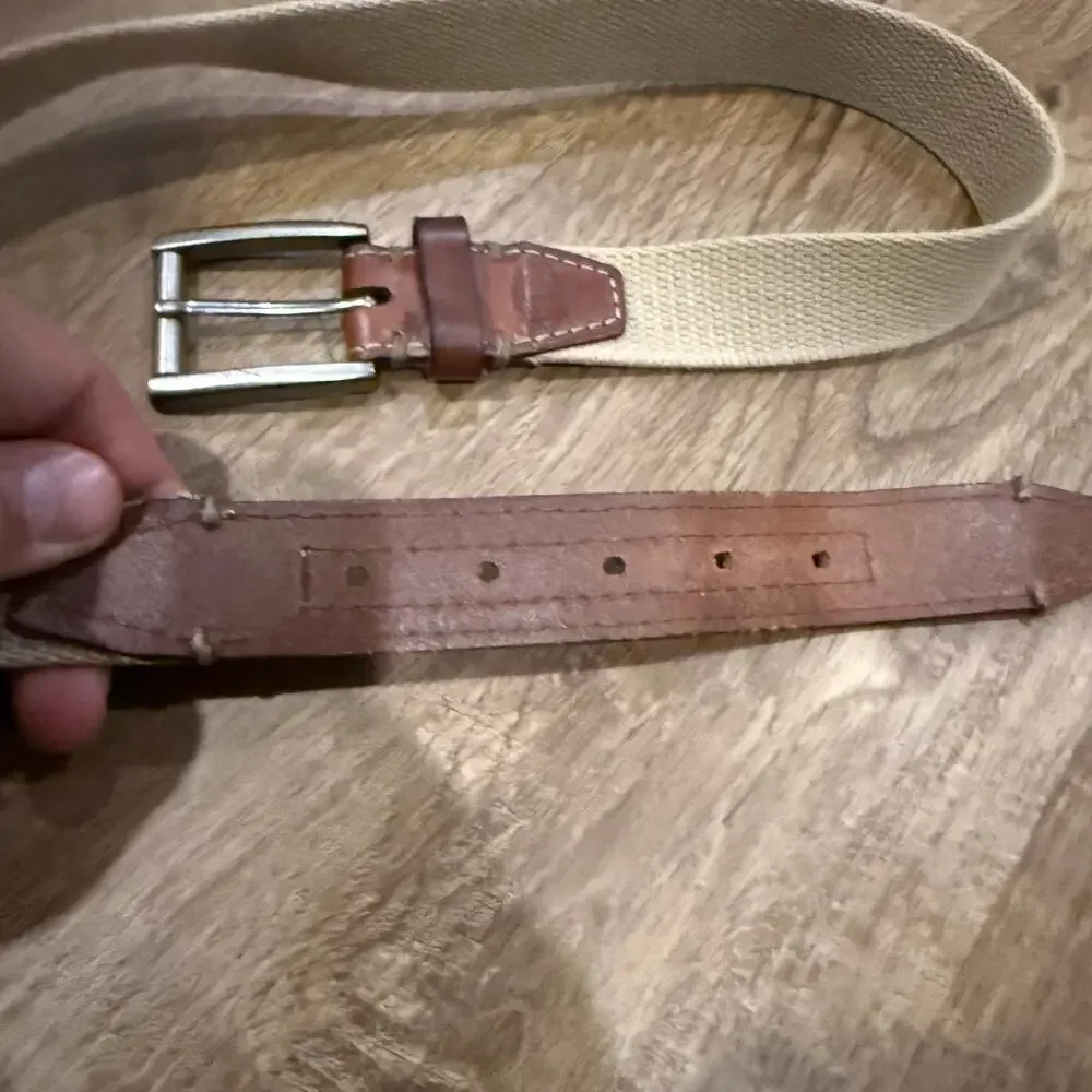 Vintage? Mens Fossil Beige Canvas Belt Silver-Tone Buckle Brown Leather -Size 34